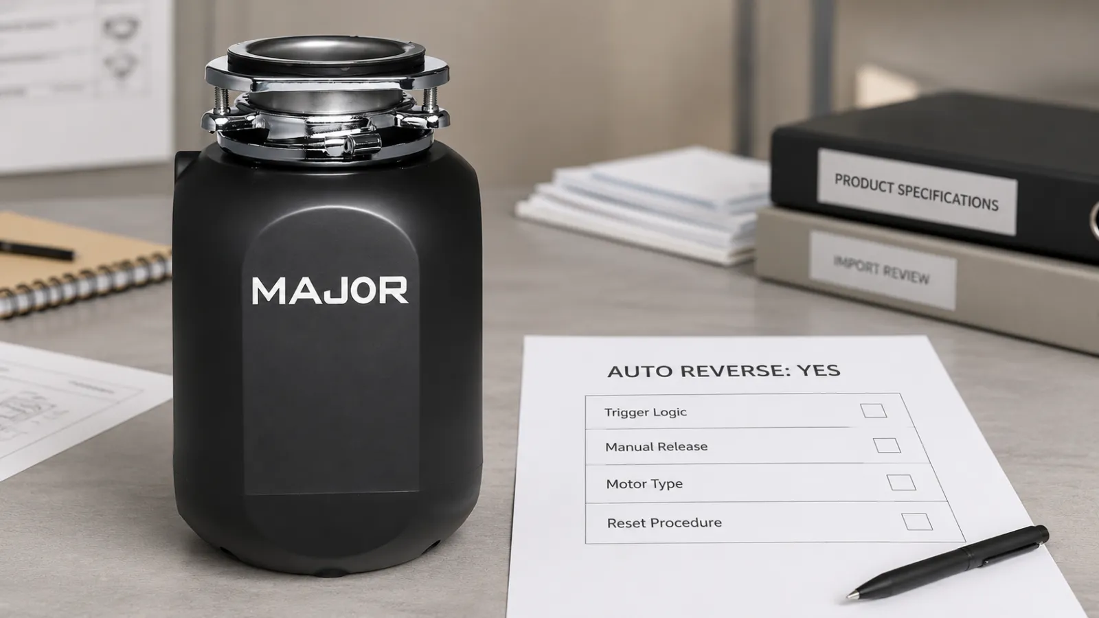 Major garbage disposal reviewed with auto reverse specification and importer configuration checklist