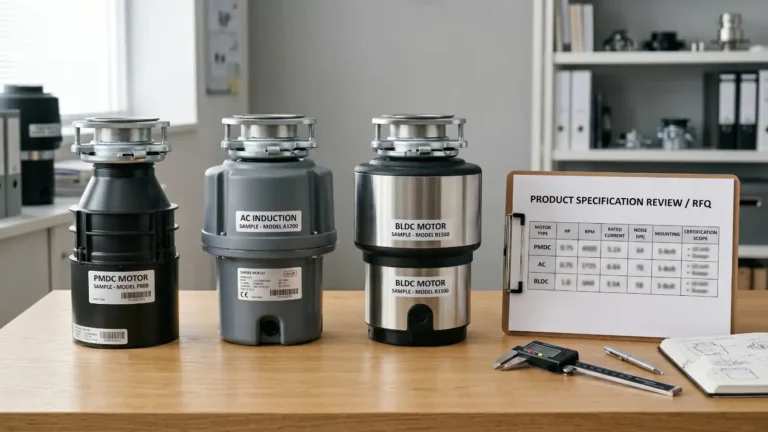 PMDC, AC induction and BLDC garbage disposal motor comparison during importer specification review