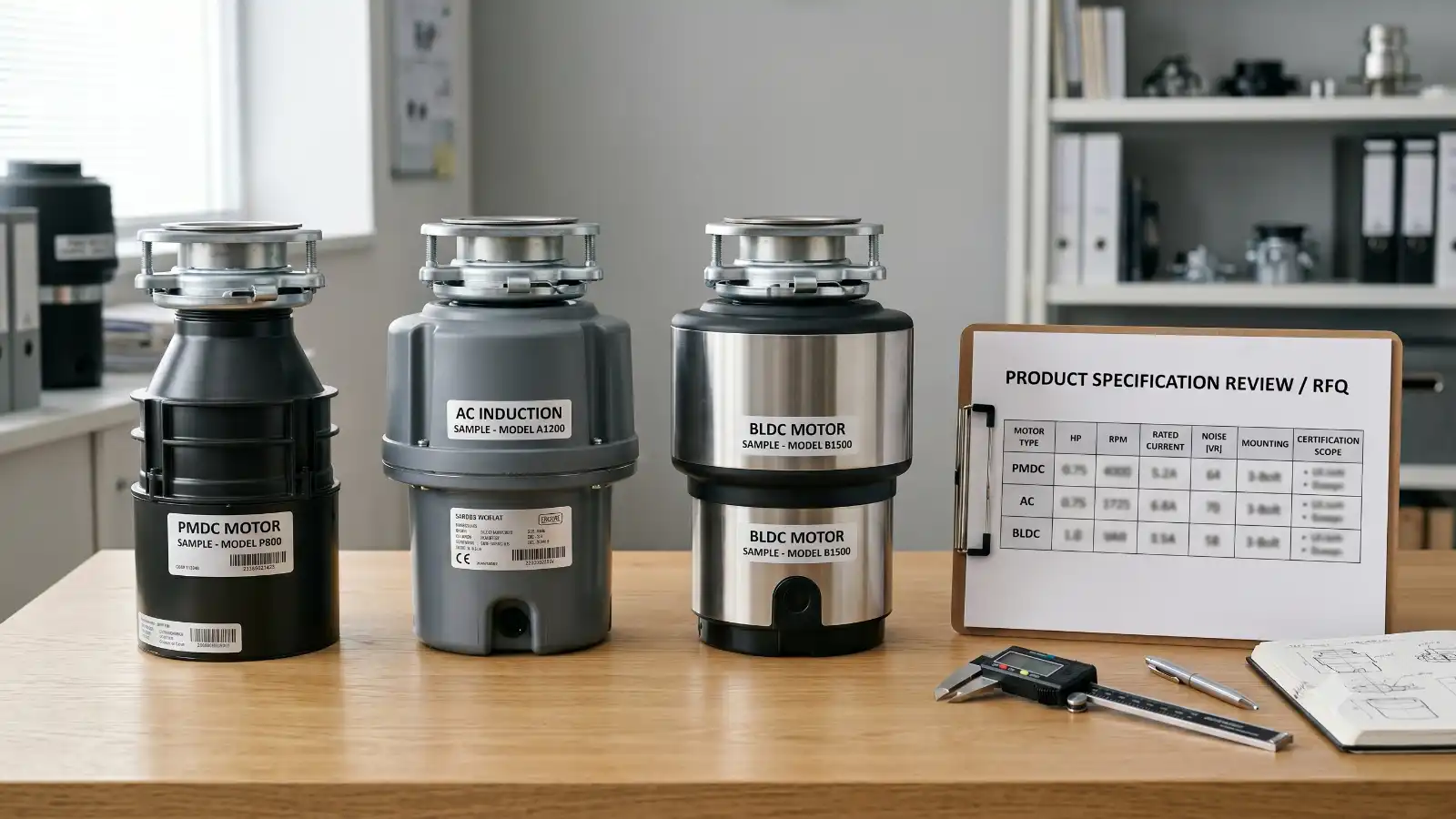 PMDC, AC induction and BLDC garbage disposal motor comparison during importer specification review