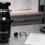 Major garbage disposal with dishwasher connection plug, hose clamp and inlet configuration review sheet