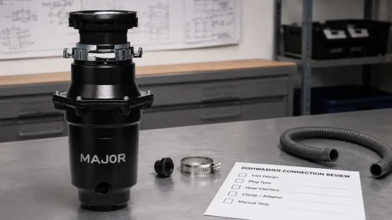 Major garbage disposal with dishwasher connection plug, hose clamp and inlet configuration review sheet