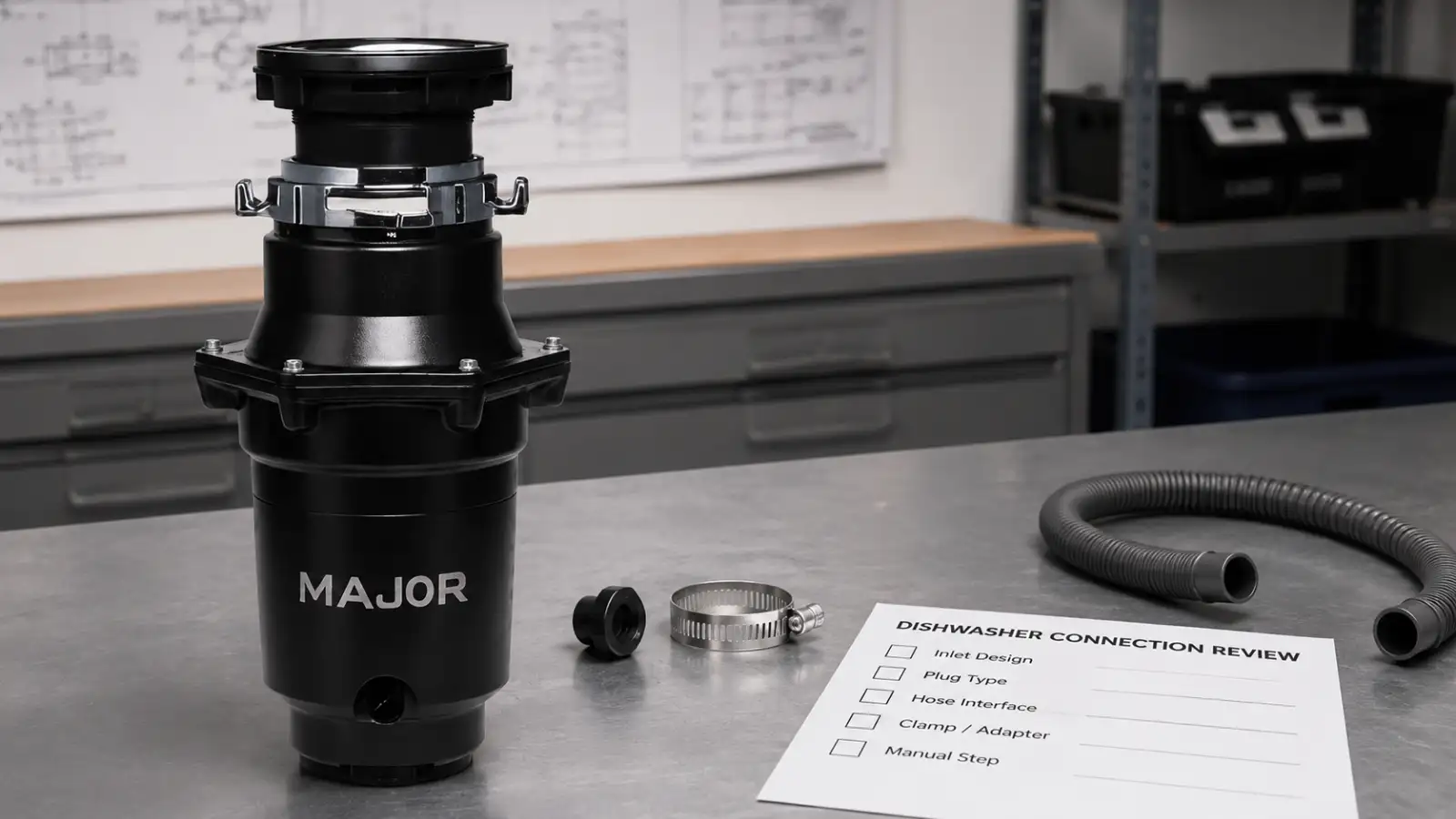 Major garbage disposal with removable dishwasher plug, hose clamp and connection review sheet
