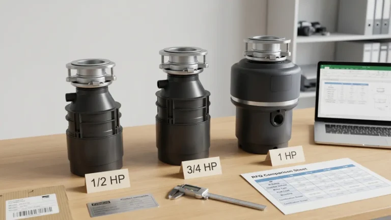 1/2 HP, 3/4 HP and 1 HP garbage disposal models compared during importer specification review