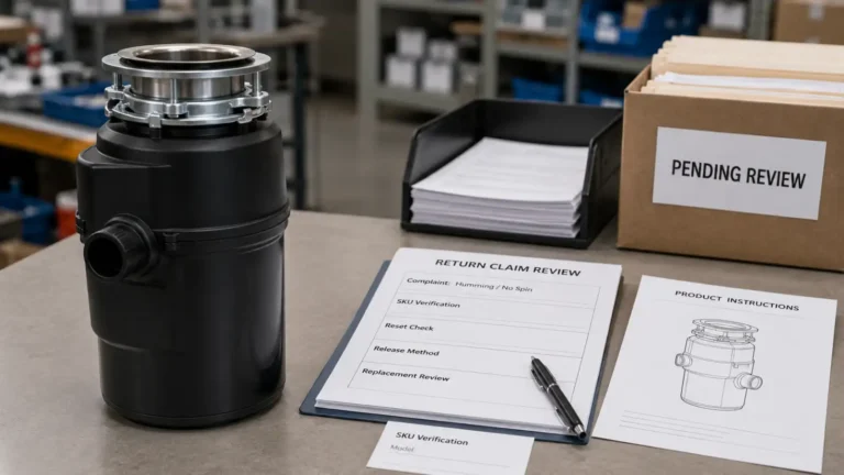 Garbage disposal humming but not spinning complaint reviewed with SKU verification and return claim form