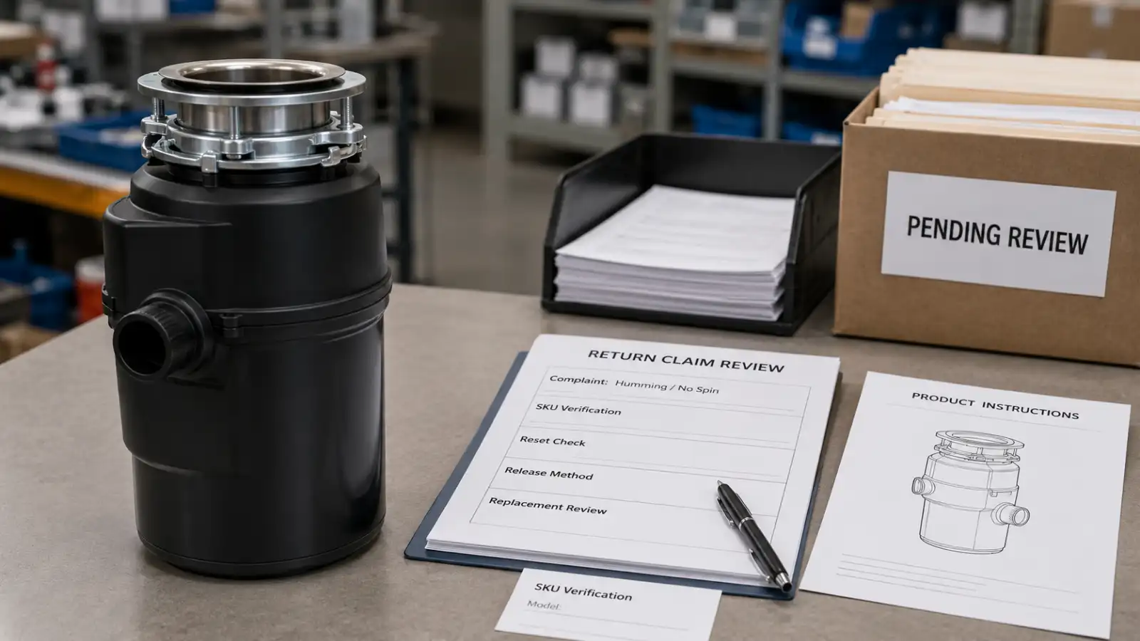 Garbage disposal humming but not spinning complaint reviewed with SKU verification and return claim form
