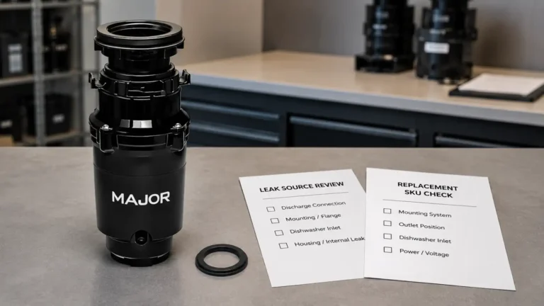 Garbage disposal repair or replacement review with leak source checklist and replacement SKU compatibility sheet