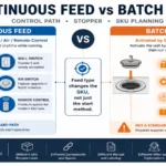 Continuous feed vs batch feed garbage disposal comparison showing switch-start operation, stopper activation and B2B SKU planning