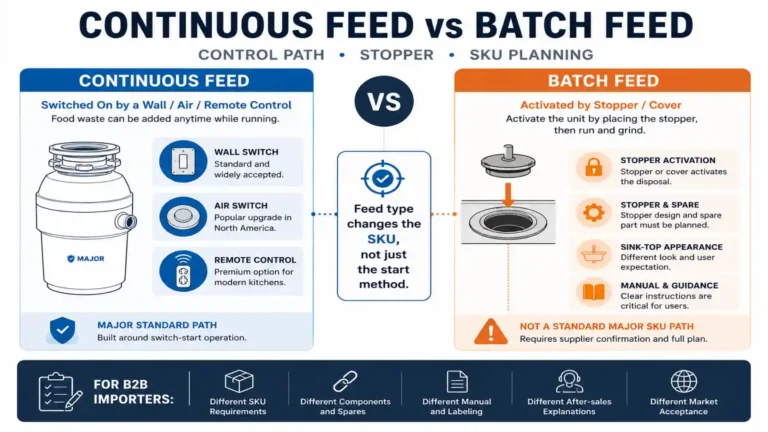 Continuous feed vs batch feed garbage disposal comparison showing switch-start operation, stopper activation and B2B SKU planning