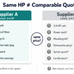 B2B food waste disposer sourcing quote comparison showing a specified 3/4 HP unit versus an incomplete supplier quote