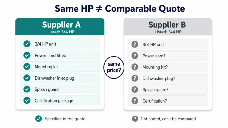 B2B food waste disposer sourcing quote comparison showing a specified 3/4 HP unit versus an incomplete supplier quote