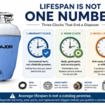 Food waste disposer lifespan social graphic explaining that 8 to 15 years is not a warranty and importers should separate warranty clock wear parts clock and remodel clock