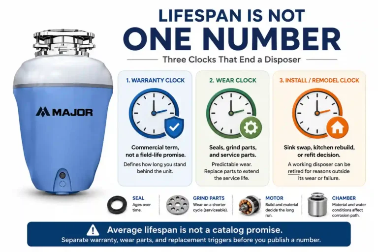 Food waste disposer lifespan social graphic explaining that 8 to 15 years is not a warranty and importers should separate warranty clock wear parts clock and remodel clock