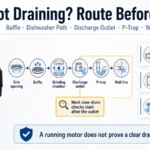 Garbage disposal not draining complaint routing graphic showing baffle dishwasher inlet discharge outlet P-trap and wall line checks