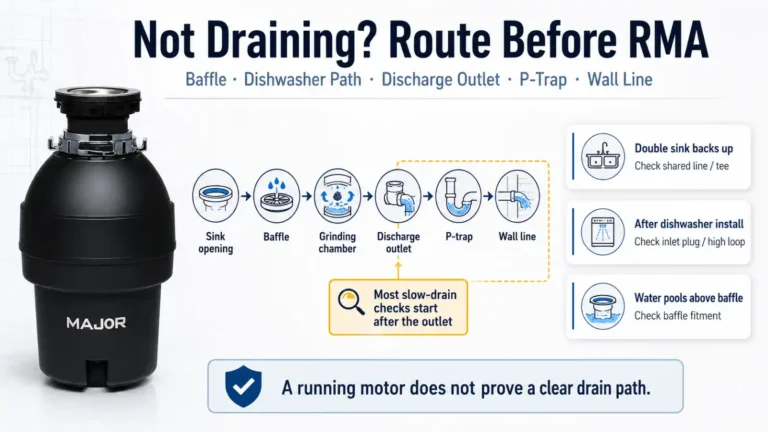 Garbage disposal not draining complaint routing graphic showing baffle dishwasher inlet discharge outlet P-trap and wall line checks