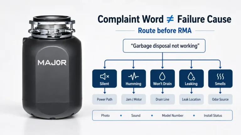 Garbage disposal not working social graphic showing complaint routing before RMA