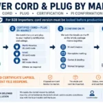 Garbage disposal power cord and plug certification flow by destination market for B2B importers