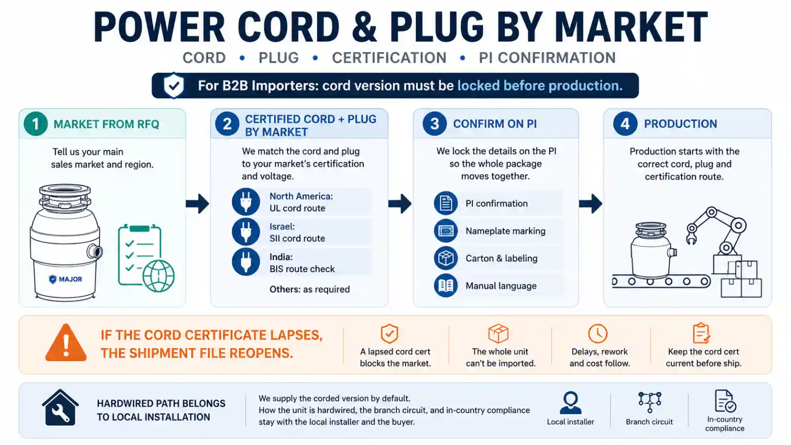 Garbage disposal power cord and plug certification flow by destination market for B2B importers