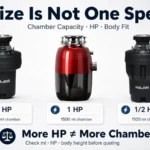 Garbage disposal size guide comparing chamber capacity, HP and body fit across Major disposer models for importer SKU review