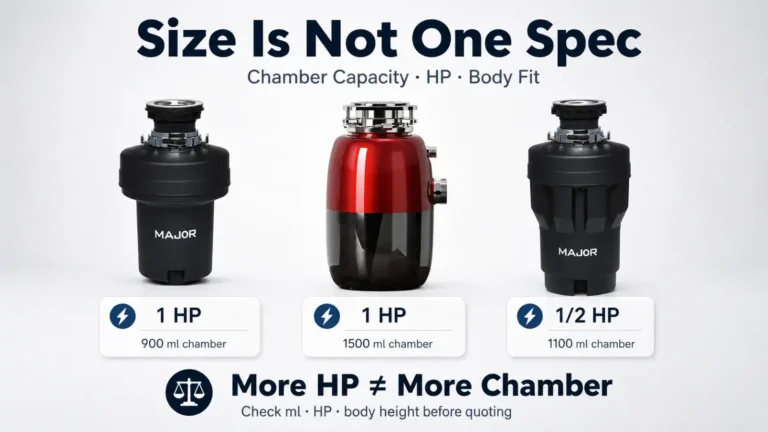 Garbage disposal size guide comparing chamber capacity, HP and body fit across Major disposer models for importer SKU review