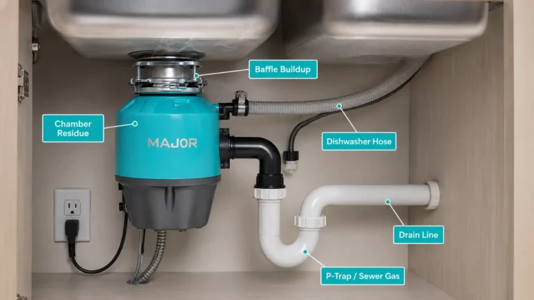 Garbage disposal odor routing graphic showing baffle dishwasher hose P-trap sewer gas and drain line sources