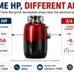 Garbage disposal wattage versus horsepower diagram showing same 3/4 HP with different amp ratings on published spec sheets