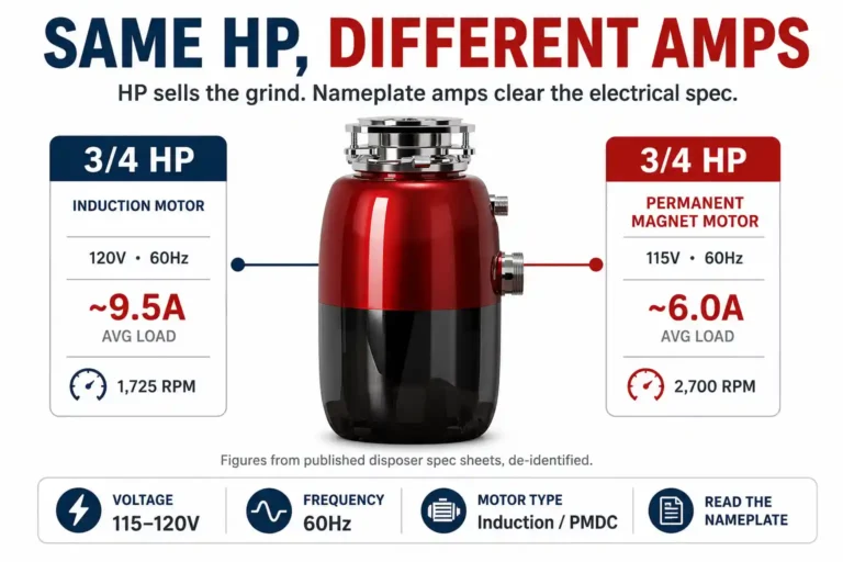 Garbage disposal wattage versus horsepower diagram showing same 3/4 HP with different amp ratings on published spec sheets