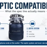 Garbage disposal septic safe compatibility diagram showing appliance outlet septic tank drain field and local rule boundary