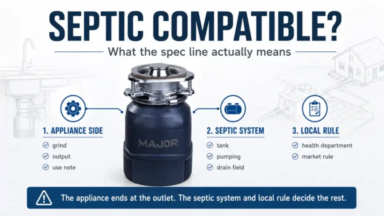 Garbage disposal septic safe compatibility diagram showing appliance outlet septic tank drain field and local rule boundary