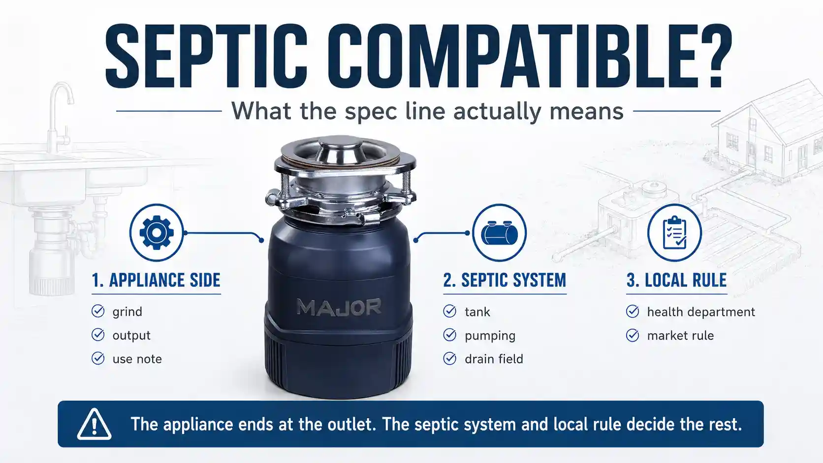 Garbage disposal with septic tank diagram showing where appliance claim stops and septic system responsibility begins