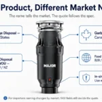 Food waste disposer market naming infographic showing garburator, garbage disposal, WDU, disposer and macerator terms