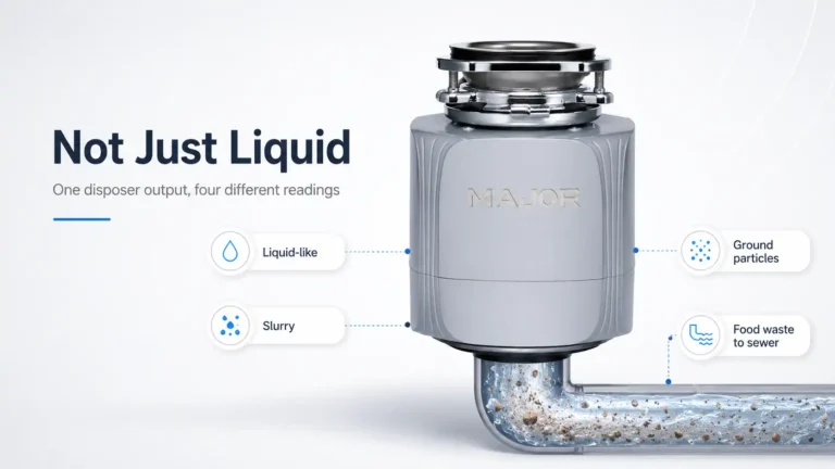 How a garbage disposal works output diagram comparing liquid slurry and ground particles