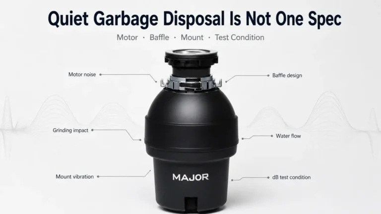 Quiet garbage disposal product image with motor, baffle, mount vibration and dB test condition callouts for importer RFQ review