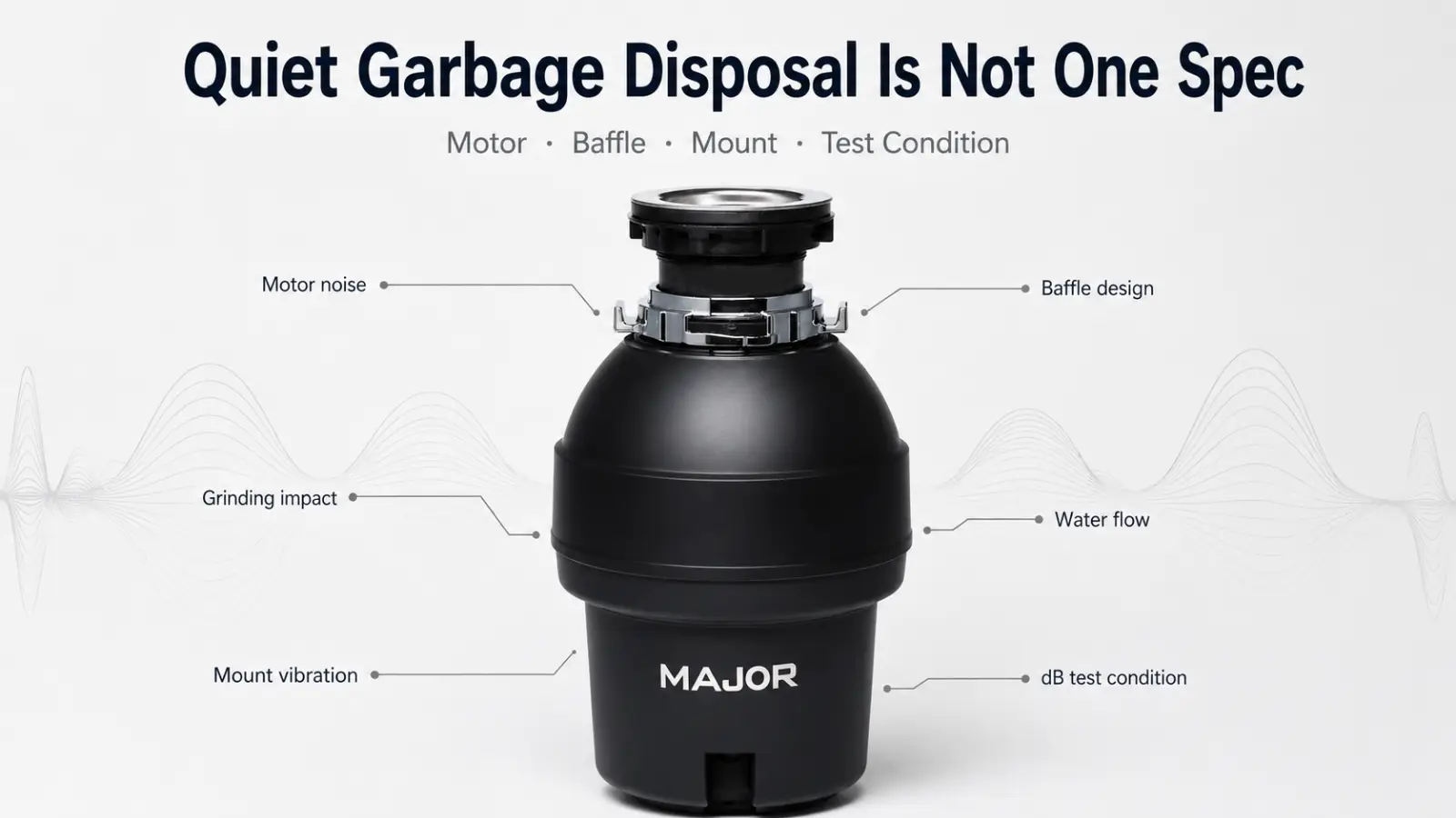 Quiet garbage disposal product image with motor, baffle, mount vibration and dB test condition callouts for importer RFQ review