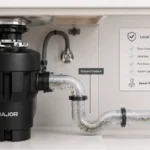 Food waste disposer ground output moving through a clear drain pipe before sewer route acceptance review