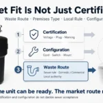 Waste disposal unit market fit graphic showing certification, configuration and waste route checks for importer sourcing
