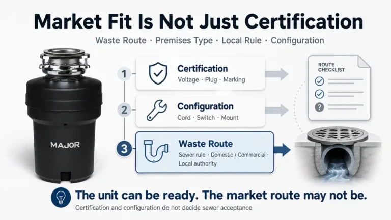 Waste disposal unit market fit graphic showing certification, configuration and waste route checks for importer sourcing
