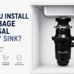 MAJOR garbage disposal installed under a kitchen sink with sink depth and discharge outlet position marked