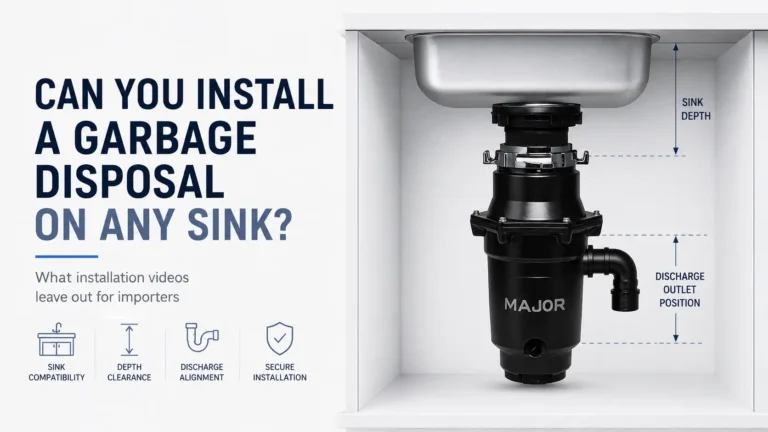 MAJOR garbage disposal installed under a kitchen sink with sink depth and discharge outlet position marked