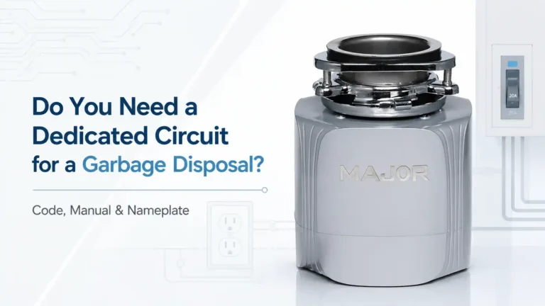 Do you need a dedicated circuit for a garbage disposal? Main article image showing a Major garbage disposal with code, manual and nameplate references.
