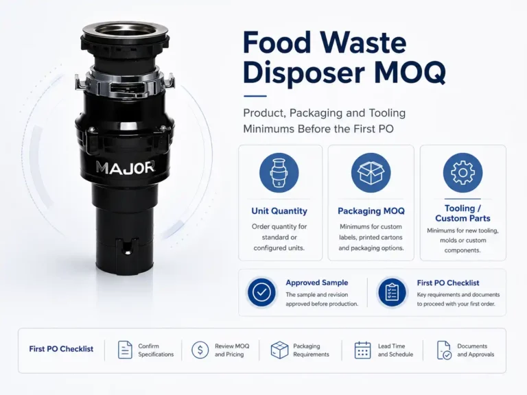 Food waste disposer MOQ guide showing separate minimums for product quantity, private-label packaging, custom parts, approved samples and the first purchase order