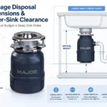 Garbage disposal dimensions and under-sink clearance guide showing overall height, maximum body diameter, outlet centerline, and cabinet floor clearance beneath a deep sink.
