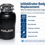 InSinkErator Badger 5 replacement guide showing six fit checks beyond horsepower, including mount system, body height, body diameter, discharge centerline, power connection, and dishwasher inlet.