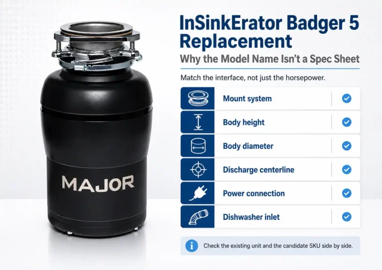 InSinkErator Badger 5 replacement guide showing six fit checks beyond horsepower, including mount system, body height, body diameter, discharge centerline, power connection, and dishwasher inlet.