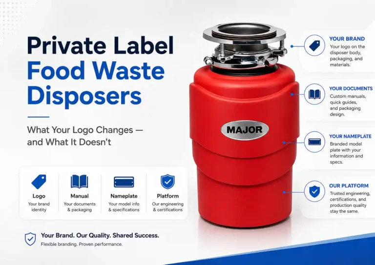 Private label food waste disposer showing logo, manual, nameplate and UL Multiple Listing boundaries.