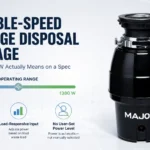 MAJOR variable-speed garbage disposal showing a 60–1380 W load-responsive operating range