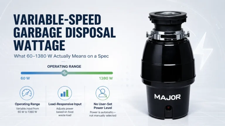 MAJOR variable-speed garbage disposal showing a 60–1380 W load-responsive operating range