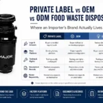 Private label vs OEM vs ODM food waste disposer infographic comparing logo and artwork, factory platform, documents, tooling and market responsibility.