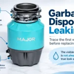 Garbage disposal leaking near the bottom reset button with top, side and bottom leak points marked for troubleshooting.