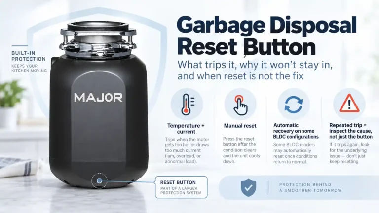 Garbage disposal reset button and overload protection guide showing temperature, current, manual reset and automatic recovery.