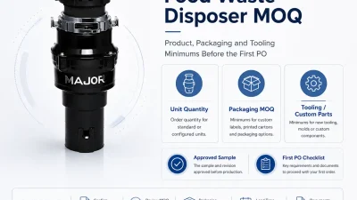 Food waste disposer MOQ guide showing separate minimums for product quantity, private-label packaging, custom parts, approved samples and the first purchase order